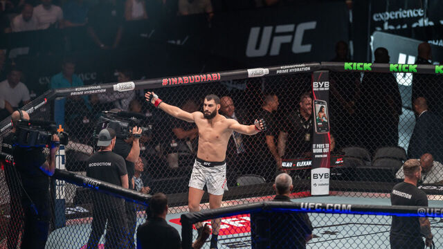 ABU DHABI, UNITED ARAB EMIRATES JULY 26: Turkish fighter Ibo Aslan enters the octagon for his light heavyweight bout against American Billy Elekana during a UFC event at Etihad Arena in Abu Dhabi, United Arab Emirates on July 26, 2025.