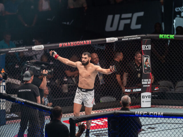 ABU DHABI, UNITED ARAB EMIRATES JULY 26: Turkish fighter Ibo Aslan enters the octagon for his light heavyweight bout against American Billy Elekana during a UFC event at Etihad Arena in Abu Dhabi, United Arab Emirates on July 26, 2025.