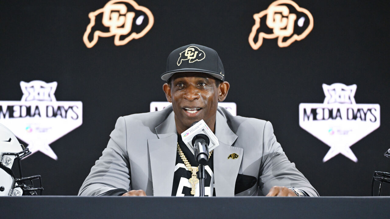 FRISCO, TX - JULY 09: Colorado Buffaloes coach Deion Sanders talks during day two of Big 12 Media Days on Wednesday, July 09, 2025 at the Ford Center at The Star in Frisco, TX.