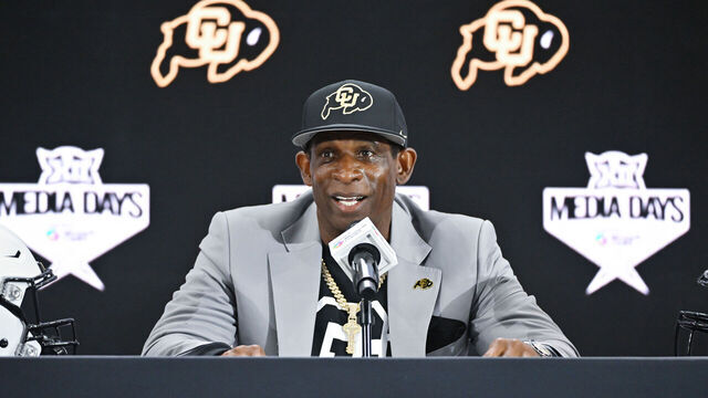 FRISCO, TX - JULY 09: Colorado Buffaloes coach Deion Sanders talks during day two of Big 12 Media Days on Wednesday, July 09, 2025 at the Ford Center at The Star in Frisco, TX.