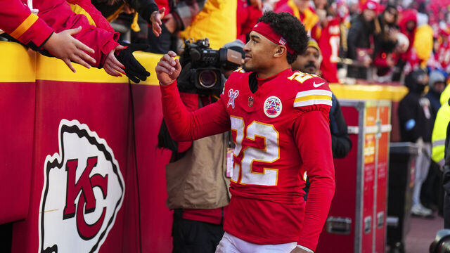 KANSAS CITY, MO - DECEMBER 21: Trent McDuffie #22 of the Kansas City Chiefs celebrates after an NFL football game against the Houston Texans at GEHA Field at Arrowhead Stadium on December 21, 2024 in Kansas City, Missouri.