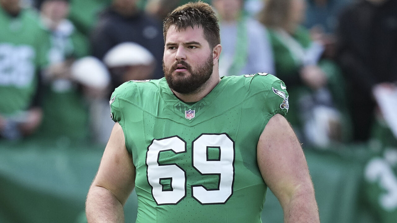 PHILADELPHIA, PENNSYLVANIA - DECEMBER 29: Landon Dickerson #69 of the Philadelphia Eagles looks on prior to the game against the Dallas Cowboys at Lincoln Financial Field on December 29, 2024 in Philadelphia, Pennsylvania.