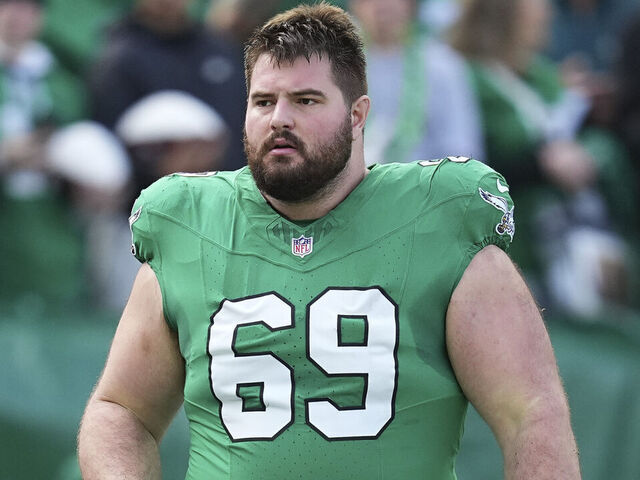 PHILADELPHIA, PENNSYLVANIA - DECEMBER 29: Landon Dickerson #69 of the Philadelphia Eagles looks on prior to the game against the Dallas Cowboys at Lincoln Financial Field on December 29, 2024 in Philadelphia, Pennsylvania.