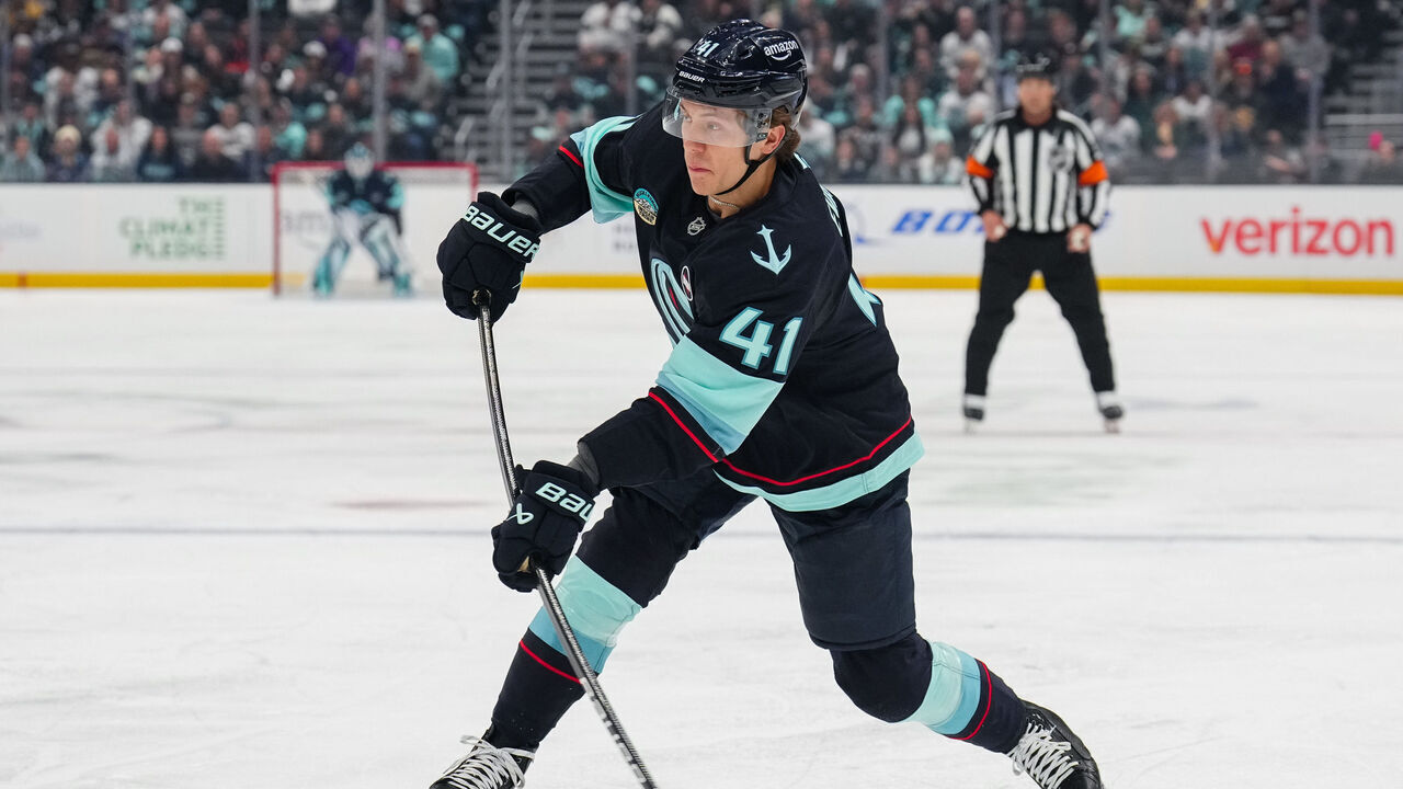 SEATTLE, WASHINGTON - April 15: Ryker Evans #41 of the Seattle Kraken shoots the puck during the first period of a game against the Los Angeles Kings at Climate Pledge Arena on April 15, 2025 in Seattle, Washington.
