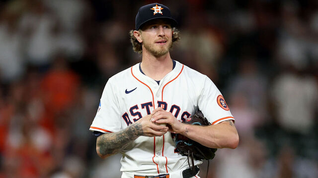 HOUSTON, TEXAS - JULY 08: Josh Hader #71 of the Houston Astros reacts in the ninth inning against the Cleveland Guardians at Daikin Park on July 08, 2025 in Houston, Texas.