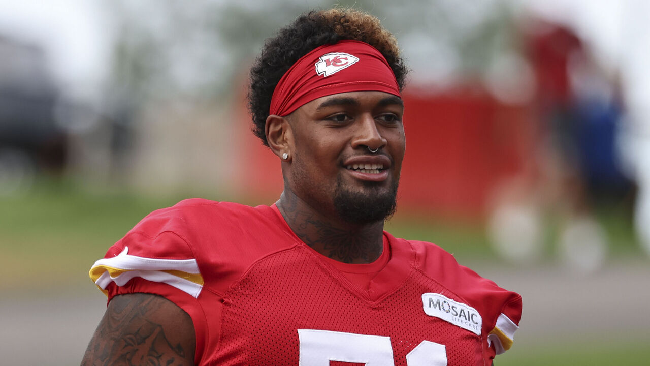 ST. JOSEPH, MO - JULY 30: Kansas City Chiefs offensive tackle Josh Simmons (71) walks to the field during training camp on July 30, 2025 at Missouri Western State University in St. Joseph, MO.