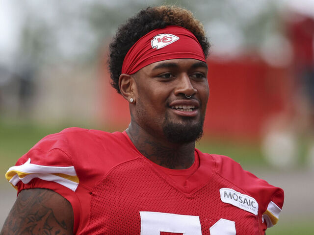 ST. JOSEPH, MO - JULY 30: Kansas City Chiefs offensive tackle Josh Simmons (71) walks to the field during training camp on July 30, 2025 at Missouri Western State University in St. Joseph, MO.