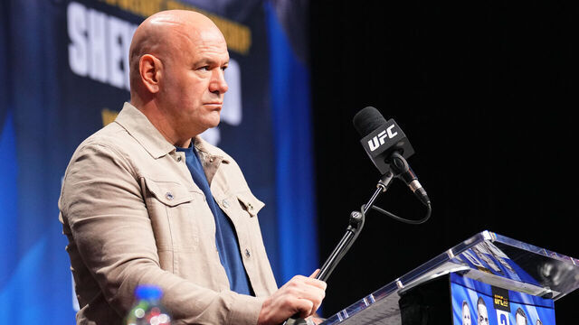 MONTREAL, QUEBEC - MAY 08: UFC President and CEO Dana White is seen on stage during the UFC 315 press conference at Bell Centre on May 08, 2025 in Montreal, Quebec.