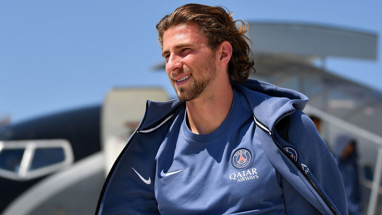 UDINE, ITALY - AUGUST 12: Illia Zabarnyi of Paris Saint-Germain arrives at Trieste Airport ahead of the UEFA Super Cup 2025 Final between Paris Saint-Germain and Tottenham Hotspur on August 12, 2025 in Udine, Italy.