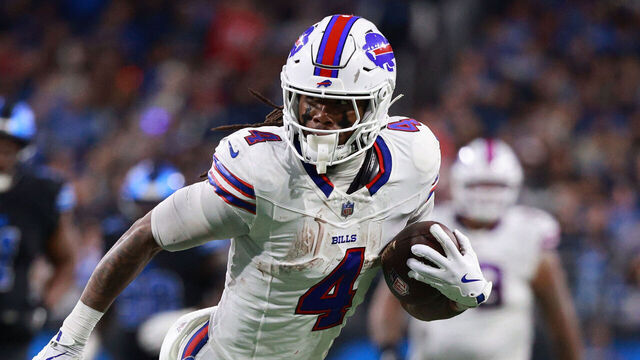 DETROIT,MICHIGAN-December 15: Buffalo Bills running back James Cook #4 carries the ball for a touchdown during the second half of an NFL football game between the Buffalo Bills and the Detroit Lions at Ford Field in Detroit, Michigan USA, on Sunday, December 15, 2024.