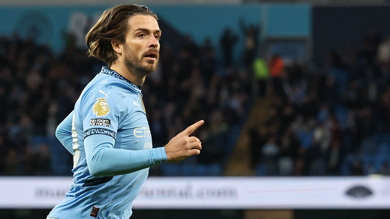 MANCHESTER, ENGLAND - APRIL 2: Manchester City's Jack Grealish celebrates scoring the opening goal during the Premier League match between Manchester City FC and Leicester City FC at Etihad Stadium on April 2, 2025 in Manchester, England.