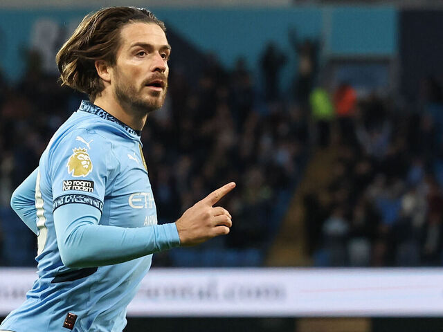 MANCHESTER, ENGLAND - APRIL 2: Manchester City's Jack Grealish celebrates scoring the opening goal during the Premier League match between Manchester City FC and Leicester City FC at Etihad Stadium on April 2, 2025 in Manchester, England.