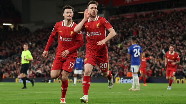 LIVERPOOL, ENGLAND - APRIL 02: Diogo Jota of Liverpool celebrates scoring his team's first goal during the Premier League match between Liverpool FC and Everton FC at Anfield on April 02, 2025 in Liverpool, England.