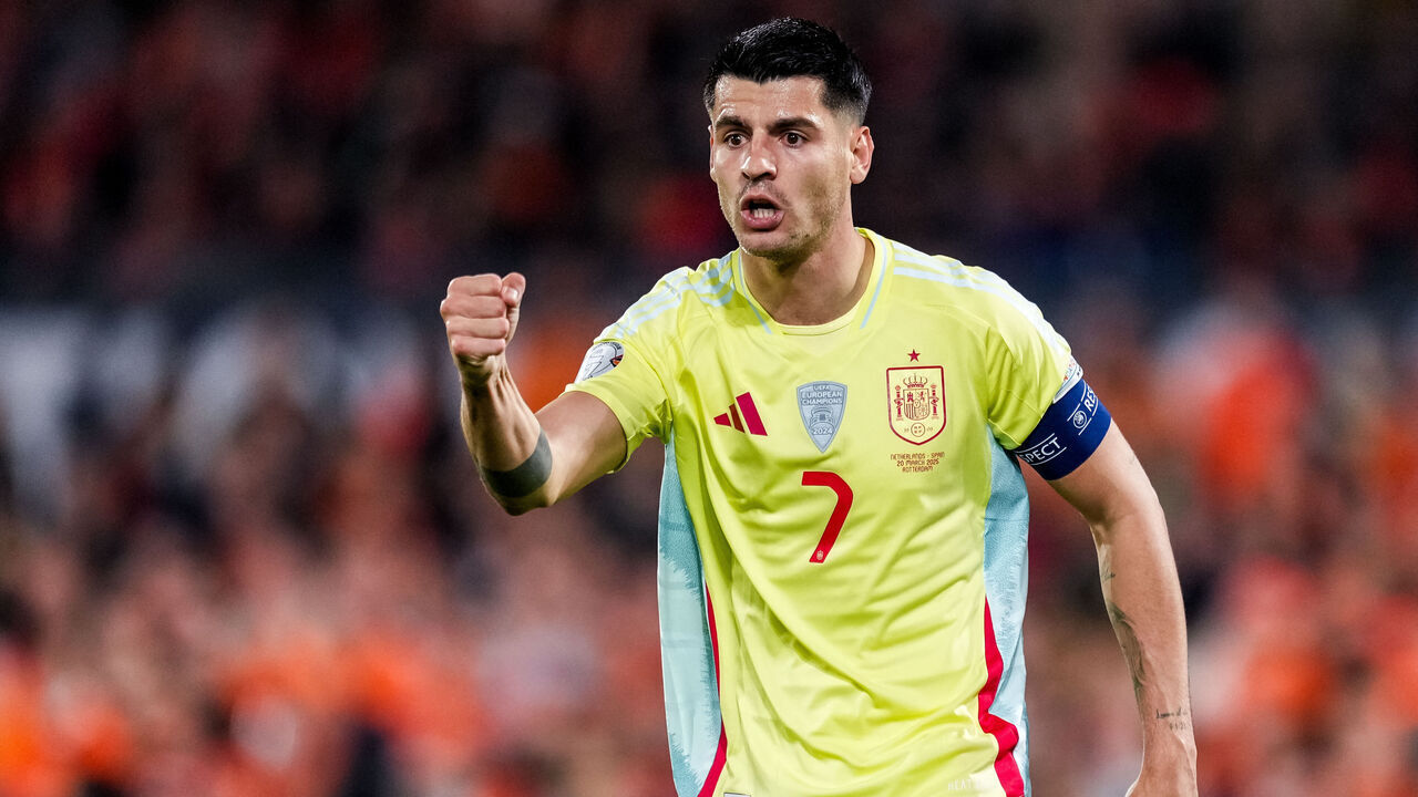ROTTERDAM, NETHERLANDS - MARCH 20: Alvaro Morata of Spain celebrates his team's first goal during the UEFA Nations League quarterfinal leg one match between Netherlands and Spain at De Kuip on March 20, 2025 in Rotterdam, Netherlands.