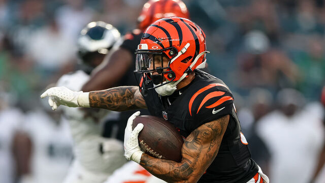PHILADELPHIA, PENNSYLVANIA - AUGUST 7: Chase Brown #30 of the Cincinnati Bengals carries the ball against the Philadelphia Eagles during the first half of the NFL Preseason 2025 game at Lincoln Financial Field on August 7, 2025 in Philadelphia, Pennsylvania.