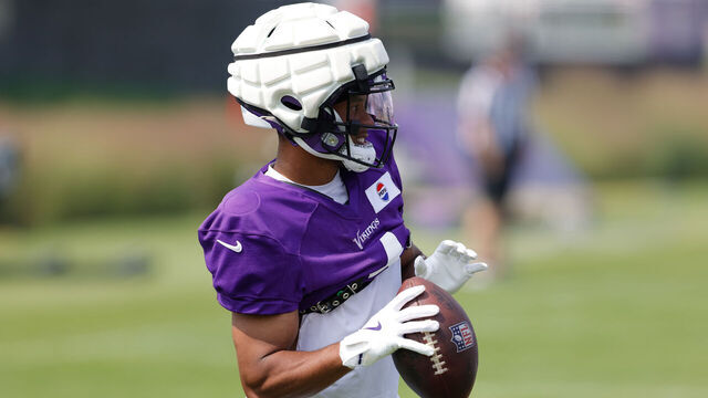 EAGAN, MN - AUGUST 02: Minnesota Vikings wide receiver Rondale Moore (4) looks on during Minnesota Vikings Training Camp at TCO Performance Center on August 2, 2025 in Eagan, Minnesota.