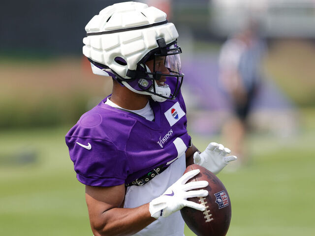EAGAN, MN - AUGUST 02: Minnesota Vikings wide receiver Rondale Moore (4) looks on during Minnesota Vikings Training Camp at TCO Performance Center on August 2, 2025 in Eagan, Minnesota.