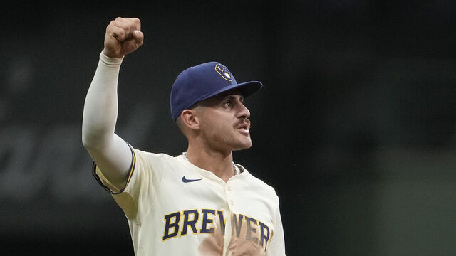 MILWAUKEE, WISCONSIN - AUGUST 11: Joey Ortiz #3 of the Milwaukee Brewers reacts after the Brewers defeated the Pittsburgh Pirates 7-1 at American Family Field on August 11, 2025 in Milwaukee, Wisconsin.