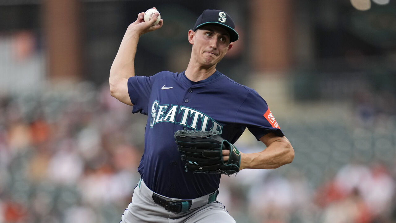 BALTIMORE, MARYLAND - AUGUST 12: George Kirby #68 of the Seattle Mariners pitches to the Baltimore Orioles during the first inning at Oriole Park at Camden Yards on August 12, 2025 in Baltimore, Maryland.