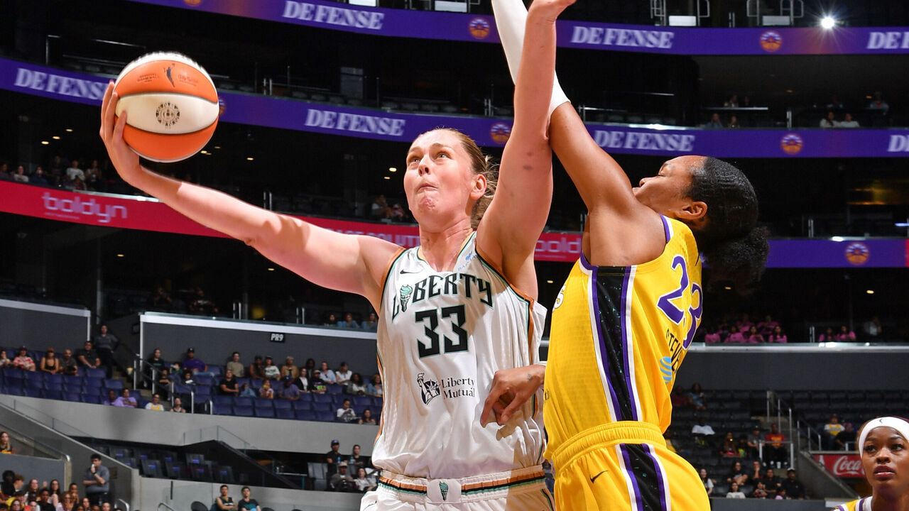 LOS ANGELES, CA - AUGUST 12: Emma Meesseman #33 of the New York Liberty drives to the basket during the game against the Los Angeles Sparks on August 12, 2025 at Crypto.com Arena in Los Angeles, California. NOTE TO USER: User expressly acknowledges and agrees that, by downloading and/or using this Photograph, user is consenting to the terms and conditions of the Getty Images License Agreement. Mandatory Copyright Notice: Copyright 2025 NBAE