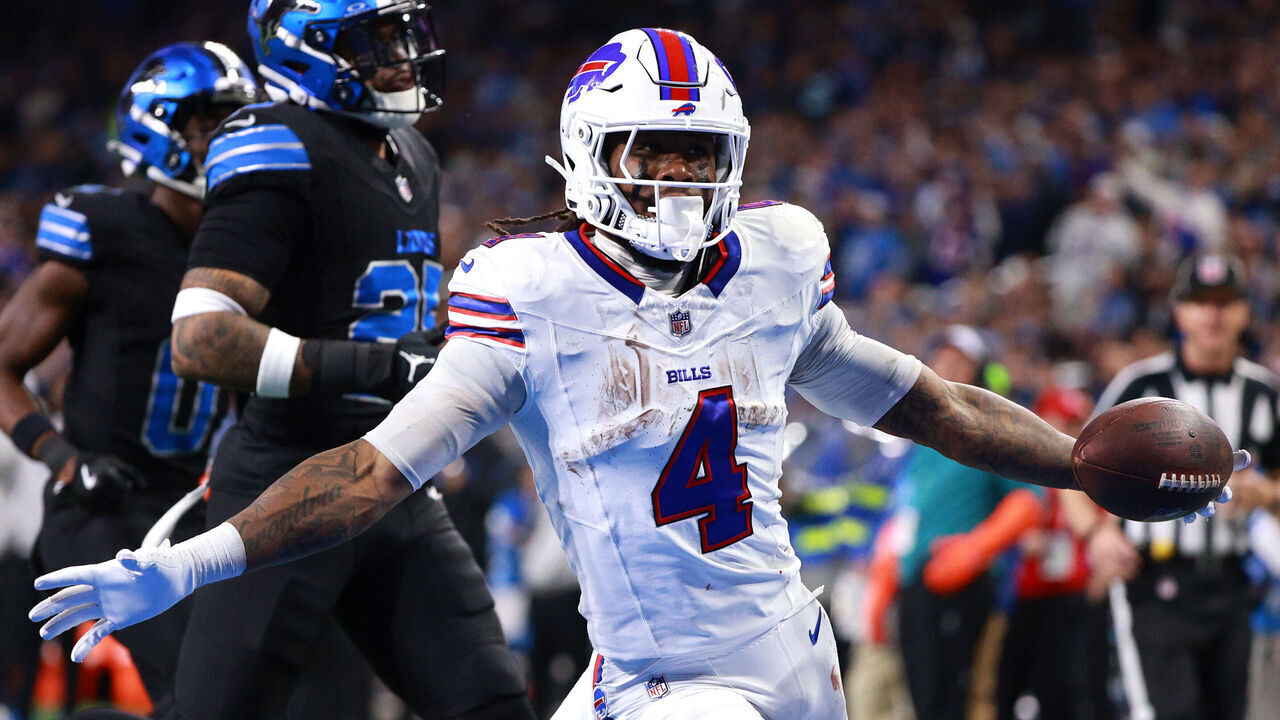 DETROIT,MICHIGAN-December 15: Buffalo Bills running back James Cook #4 reacts after scoring a touchdown during the second half of an NFL football game between the Buffalo Bills and the Detroit Lions at Ford Field in Detroit, Michigan USA, on Sunday, December 15, 2024.