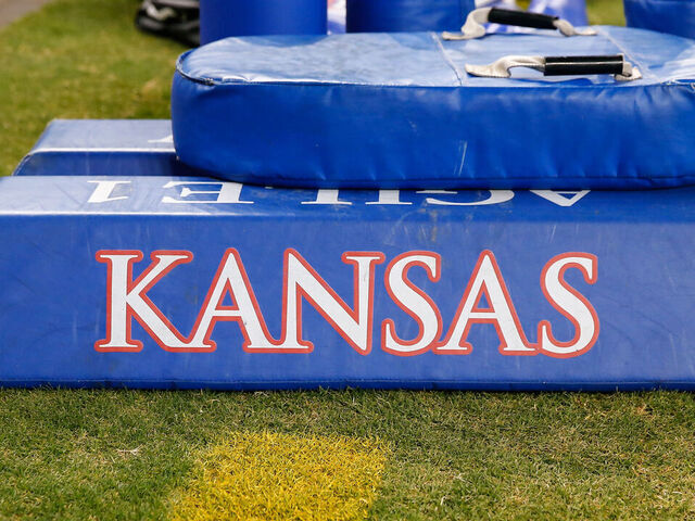 PHOENIX, AZ - DECEMBER 26: The Kansas Jayhawks logo on a mat during the Guaranteed Rate Bowl college football game between the Kansas Jayhawks and the UNLV Rebels on December 26, 2023 at Chase Field in Phoenix, Arizona.
