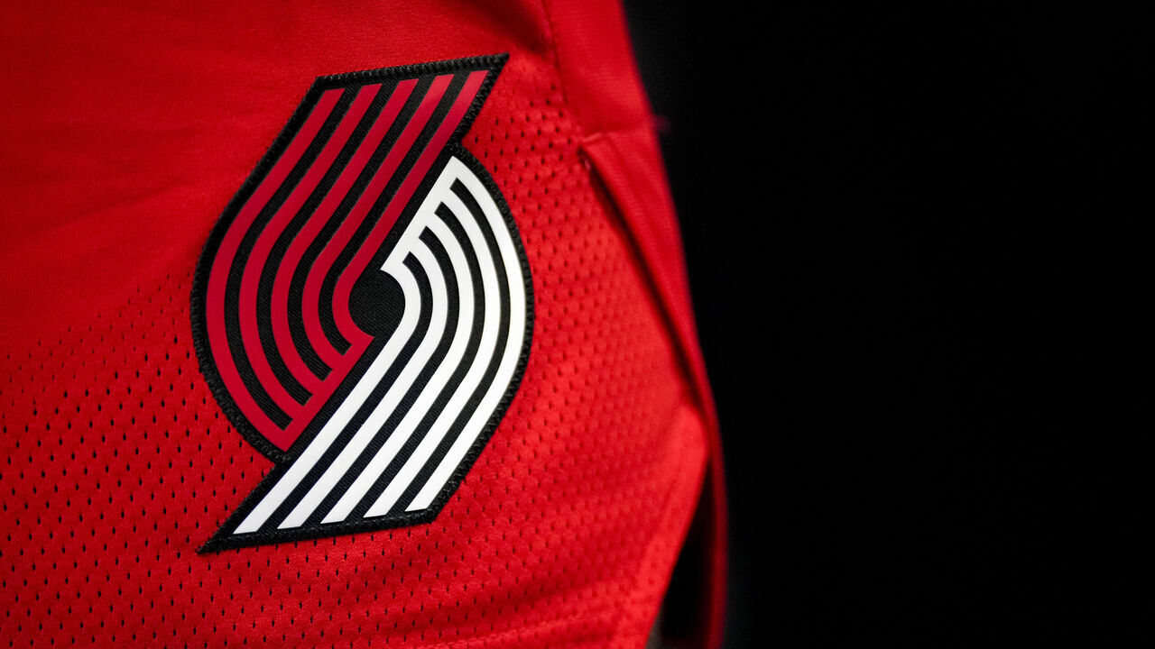 DETROIT, MICHIGAN - MARCH 21: The Portland Trail Blazers logo is pictured during the third quarter against the Detroit Pistons at Little Caesars Arena on March 21, 2022 in Detroit, Michigan.