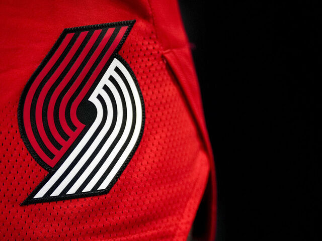 DETROIT, MICHIGAN - MARCH 21: The Portland Trail Blazers logo is pictured during the third quarter against the Detroit Pistons at Little Caesars Arena on March 21, 2022 in Detroit, Michigan.