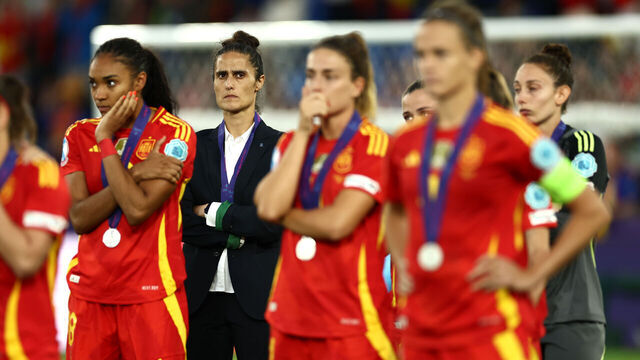 BASEL, SWITZERLAND - JULY 27: Montse Tome, Head Coach of Spain, looks on after the team's defeat in the UEFA Women's EURO 2025 Final match between England and Spain at St. Jakob-Park on July 27, 2025 in Basel, Switzerland.