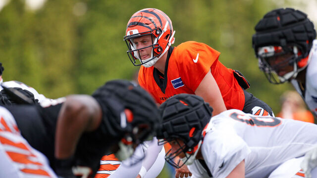 CINCINNATI, OH - AUGUST 01: Cincinnati Bengals quarterback Joe Burrow (9) in action during the Cincinnati Bengals training camp at Kettering Health Practice Fields on August 1, 2024 in Cincinnati, Ohio.