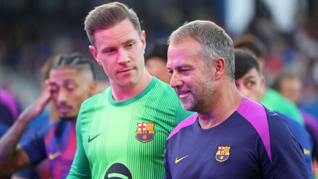 Hansi Flick and Marc-Andre ter Stegen present the 2025-26 FC Barcelona squad at the Johan Cruyff Stadium in Barcelona, Spain, on August 10, 2025.