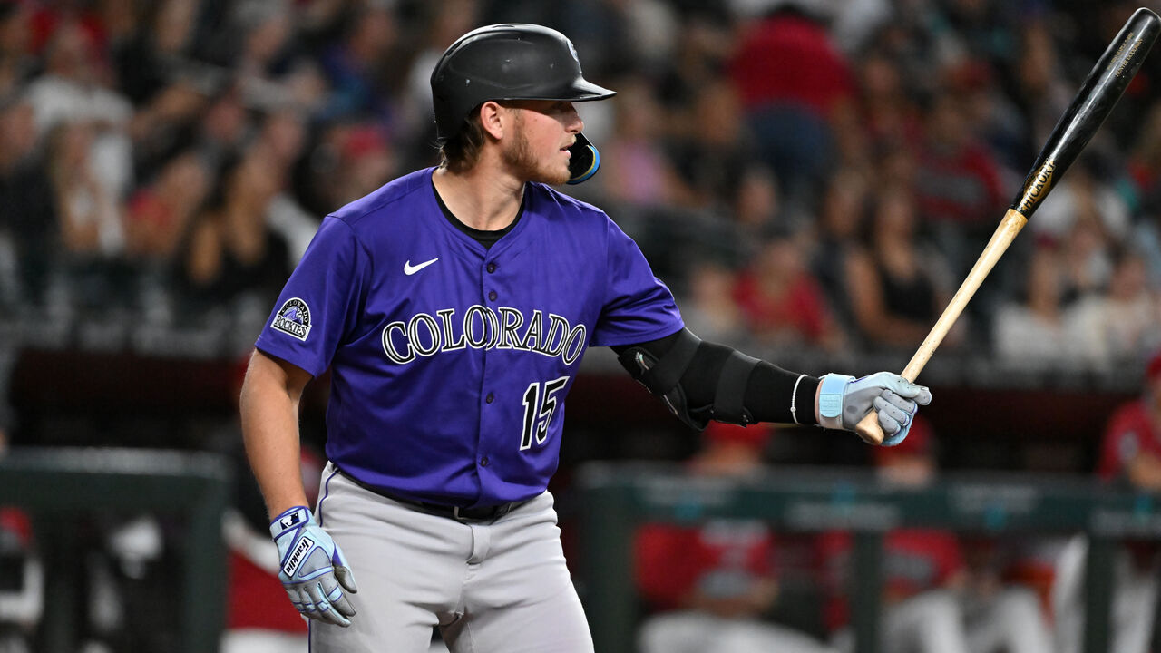 PHOENIX, ARIZONA - AUGUST 10: Hunter Goodman #15 of the Colorado Rockies gets ready in the batters box against the Arizona Diamondbacks at Chase Field on August 10, 2025 in Phoenix, Arizona.