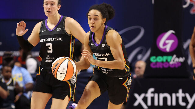UNCASVILLE, CT - AUGUST 13: Leila Lacan #47 of the Connecticut Sun handles the ball during the game against the Chicago Sky on August 13, 2025 at the Mohegan Sun Arena in Uncasville, Connecticut. Mandatory Copyright Notice: Copyright 2025 NBAE