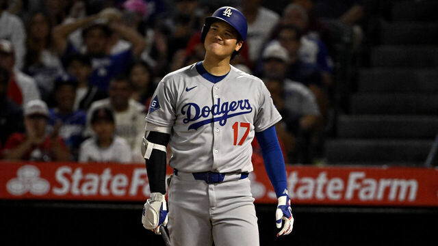 Anaheim, CA - August 13: Shohei Ohtani #17 of the Los Angeles Dodgers reacts after striking out looking against the Los Angeles Angels in the eighth inning of a baseball game at Angel Stadium in Anaheim on Wednesday, August 13, 2025.