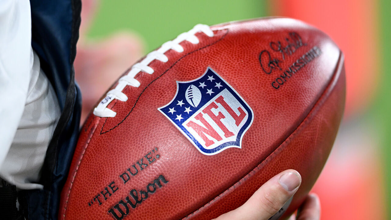 BALTIMORE, MARYLAND - AUGUST 07: A view of the NFL Logo on a football in the game between the Baltimore Ravens and the Indianapolis Colts during the NFL Preseason 2025 game at M&T Bank Stadium on August 07, 2025 in Baltimore, Maryland.