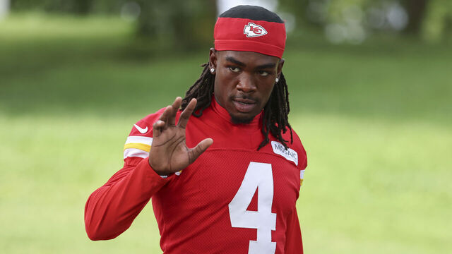 ST. JOSEPH, MO - JULY 30: Kansas City Chiefs wide receiver Rashee Rice (4) waves to fans before training camp on July 30, 2025 at Missouri Western State University in St. Joseph, MO.