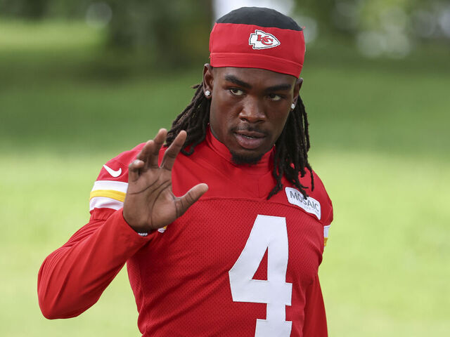 ST. JOSEPH, MO - JULY 30: Kansas City Chiefs wide receiver Rashee Rice (4) waves to fans before training camp on July 30, 2025 at Missouri Western State University in St. Joseph, MO.