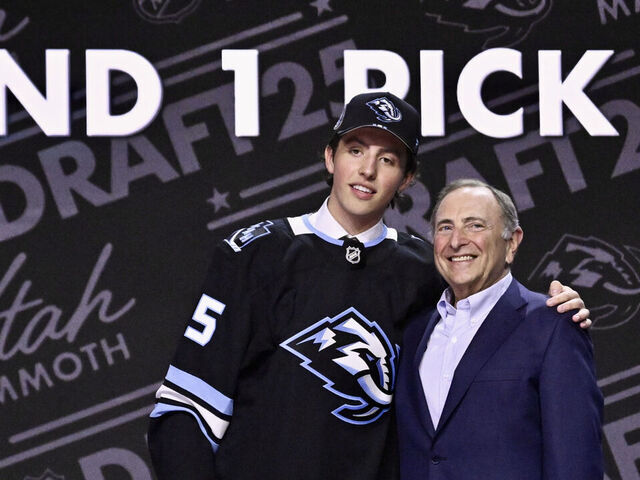 Los Angeles, CA - June 27: Caleb Desnoyers, Utah Mammoth, 4th pick, first round With Commissioner Gary Bettman during the 2025 NHL draft at L.A. Live's Peacock Theater in Los Angeles on Friday, June 27, 2025. (Photo by Keith Birmingham, Orange County Register/ SCNG