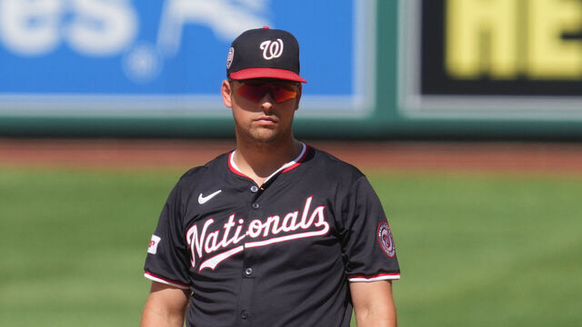 WASHINGTON, DC - JULY 20: Nathaniel Lowe #33 of the Washington Nationals looks on during a baseball game against the San Diego Padres at Nationals Park on July 20, 2025 in Washington, DC.
