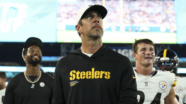 JACKSONVILLE, FLORIDA - AUGUST 9: Aaron Rodgers #8 of the Pittsburgh Steelers looks on during a NFL Preseason 2025 game against the Jacksonville Jaguars at Everbank Stadium on August 9, 2025 in Jacksonville, Florida.