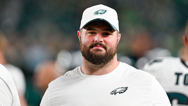 PHILADELPHIA, PA - AUGUST 07: Philadelphia Eagles guard Landon Dickerson (69) looks on during the preseason game between the Cincinnati Bengals and the Philadelphia Eagles on August 7th, 2025 at Lincoln Financial Field in Philadelphia, PA.