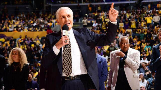 LOS ANGELES, CA - JANUARY 13: Pat Riley looks on during Michael Cooper's jersey retirement during the game between the San Antonio Spurs and the Los Angeles Lakers on January 13, 2025 at Crypto.Com Arena in Los Angeles, California. NOTE TO USER: User expressly acknowledges and agrees that, by downloading and/or using this Photograph, user is consenting to the terms and conditions of the Getty Images License Agreement. Mandatory Copyright Notice: Copyright 2025 NBAE