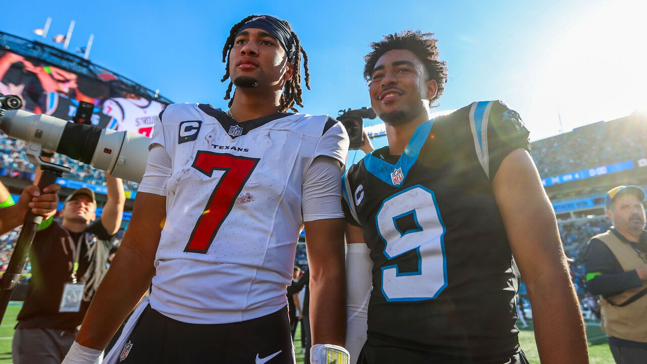 CHARLOTTE, NC - OCTOBER 29: Bryce Young #9 of the Carolina Panthers and C.J. Stroud #7 of the Houston Texans take a photo after a football game at Bank of America Stadium in Charlotte, North Carolina on Oct 29, 2023.