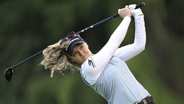 PORTLAND, OREGON - AUGUST 14: Brooke M. Henderson of Canada plays her shot from the 11th tee during the first round of The Standard Portland Classic 2025 at Columbia Edgewater Country Club on August 14, 2025 in Portland, Oregon.