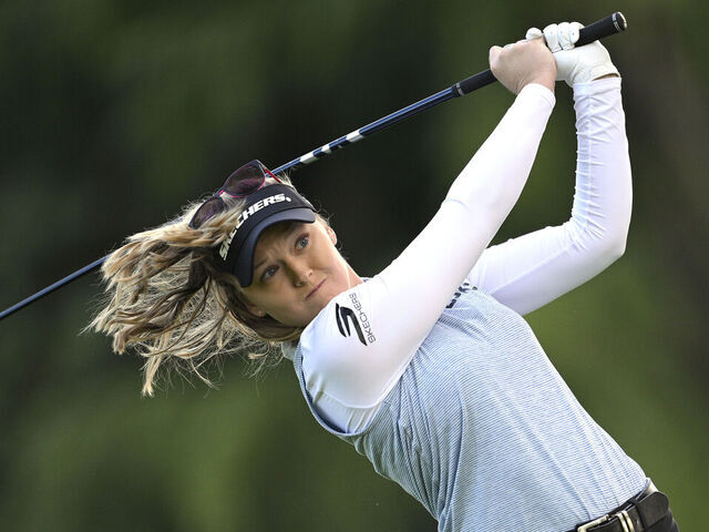 PORTLAND, OREGON - AUGUST 14: Brooke M. Henderson of Canada plays her shot from the 11th tee during the first round of The Standard Portland Classic 2025 at Columbia Edgewater Country Club on August 14, 2025 in Portland, Oregon.