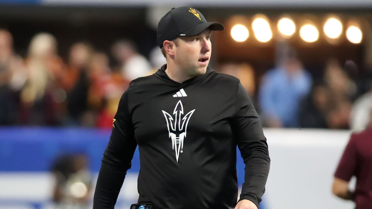 ATLANTA, GEORGIA - JANUARY 1: Head Coach Kenny Dillingham of the Arizona State Sun Devils looks towards the referee after a no-call for targeting on a Sun Devils player in the second half of the 2025 Peach Bowl College Football Playoff quarterfinals football game featuring the University of Texas Longhorns versus the Arizona State Sun Devils at Mercedes-Benz Stadium on January 1, 2025 in Atlanta, Georgia.
