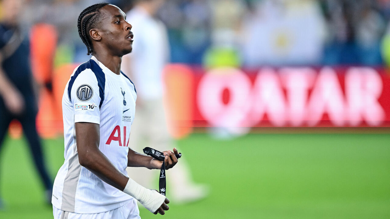 Udine, Italy - August 13: Mathy Tel of Tottenham Hotspur looks dejected after the UEFA Super Cup 2025 match between Paris Saint-Germain and Tottenham Hotspur at Friuli Stadium on August 13, 2025 in Udine, Italy.