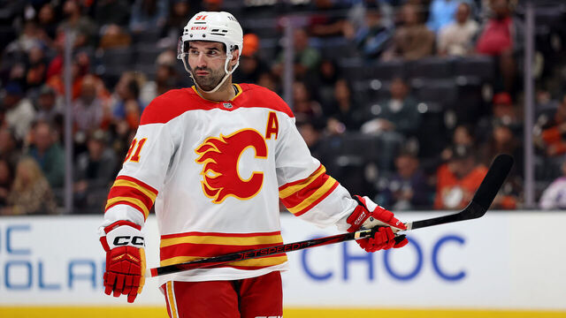 ANAHEIM, CALIFORNIA - APRIL 09: Nazem Kadri #91 of the Calgary Flames during the second period of a game against the Anaheim Ducks at Honda Center on April 09, 2025 in Anaheim, California.