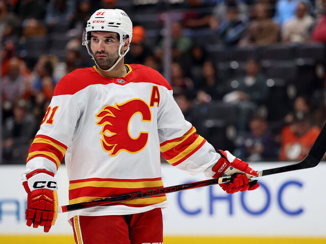 ANAHEIM, CALIFORNIA - APRIL 09: Nazem Kadri #91 of the Calgary Flames during the second period of a game against the Anaheim Ducks at Honda Center on April 09, 2025 in Anaheim, California.