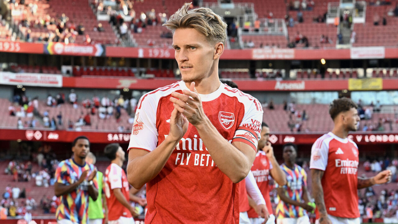 LONDON, ENGLAND - AUGUST 09: Martin Odegaard of Arsenal applauds the fans following the team's victory during the pre-season friendly match between Arsenal and Athletic Club at Emirates Stadium on August 09, 2025 in London, England.
